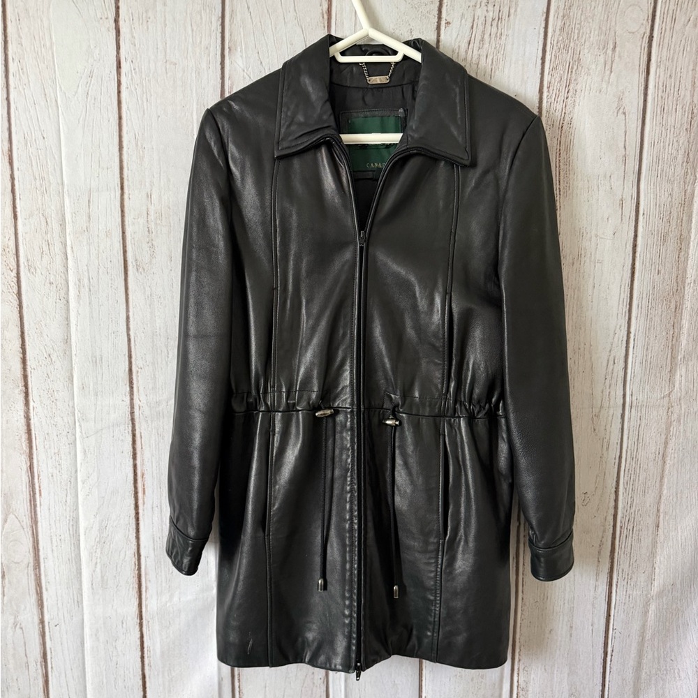 Danier Vintage Black Genuine Leather Long Parka Jacket with Drawstring Waist